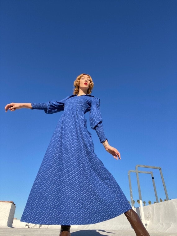 70s Cotton Ruched Cobalt Blue Prairie Gown with Pu