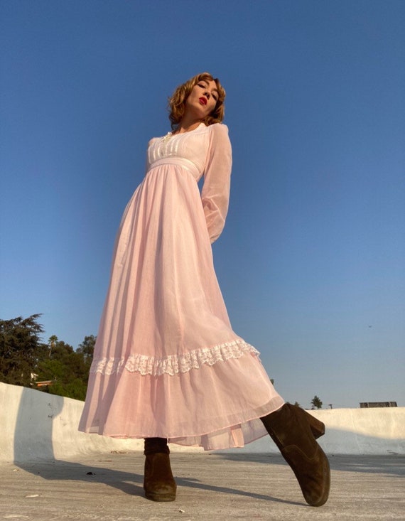 70s Gunne Sax Voile Pink Victorian Gown Size 9