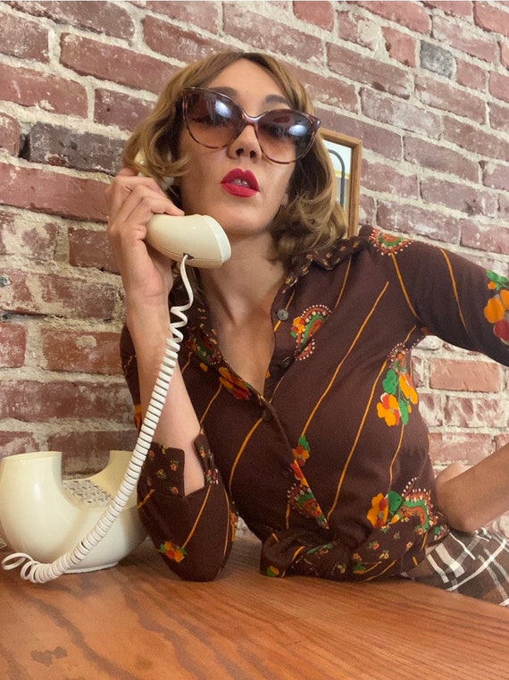 70s Dagger Collar Paisley Floral Blouse By Young I