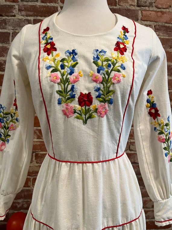 70s Raw Cotton Long Sleeve Embroidered Gown - image 6