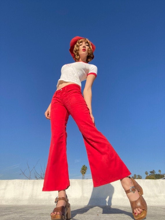 70s Red Denim Hip Huggers Flared Jeans by Maverick