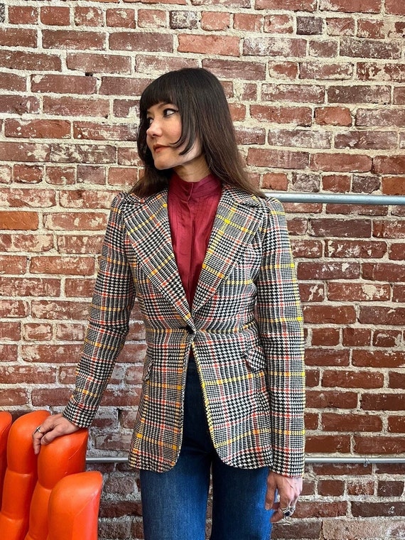 70s Ultra Mod Houndstooth Puff Sleeve Blazer - image 1