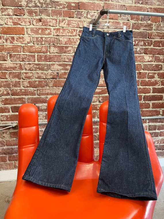 Mens 70s Plain Pocket Dark Denim Flared 