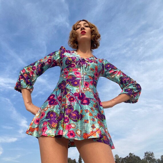 70s Psychedelic Balloon Sleeve Mini Dress