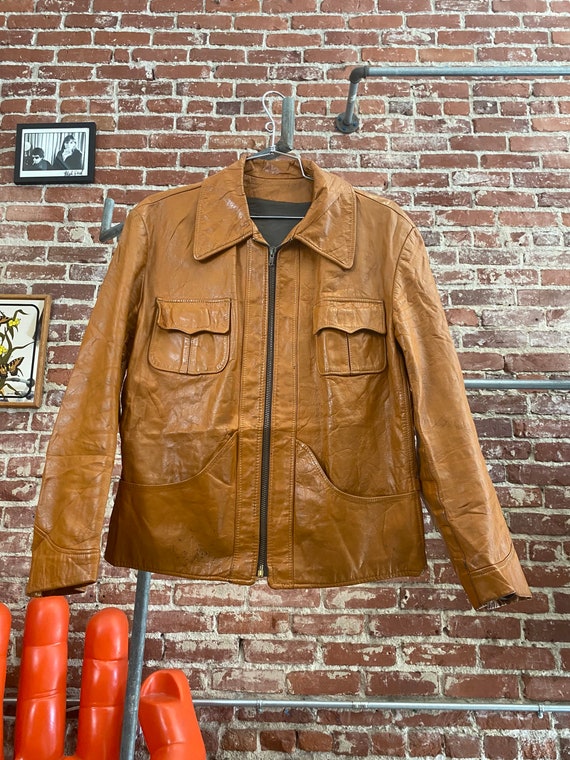 70s Men’s Caramel Leather Zip Up Jacket