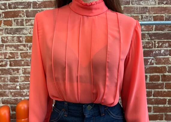 70s Coral Balloon Sleeve Victorian Blouse - image 3