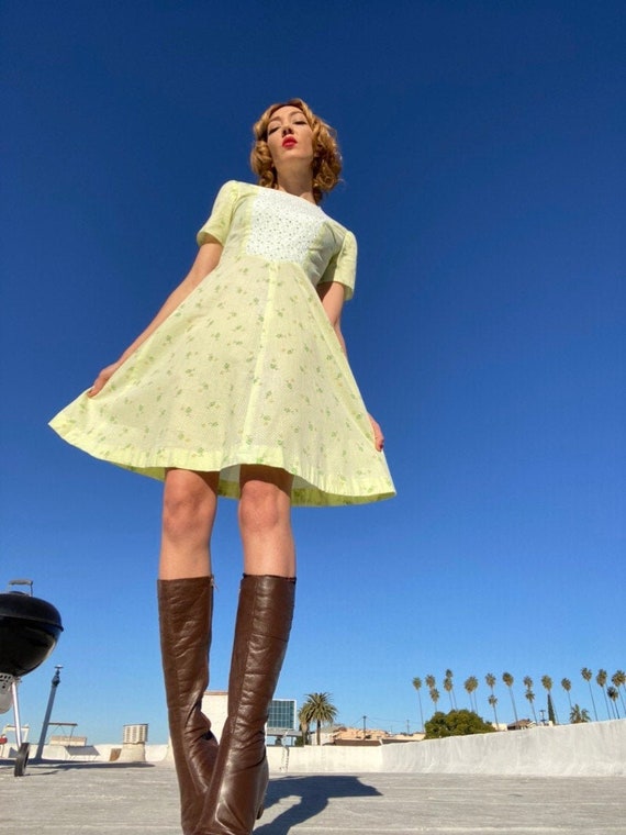 70s Swiss Dot Minty Green Cotton Prairie Mini Dres