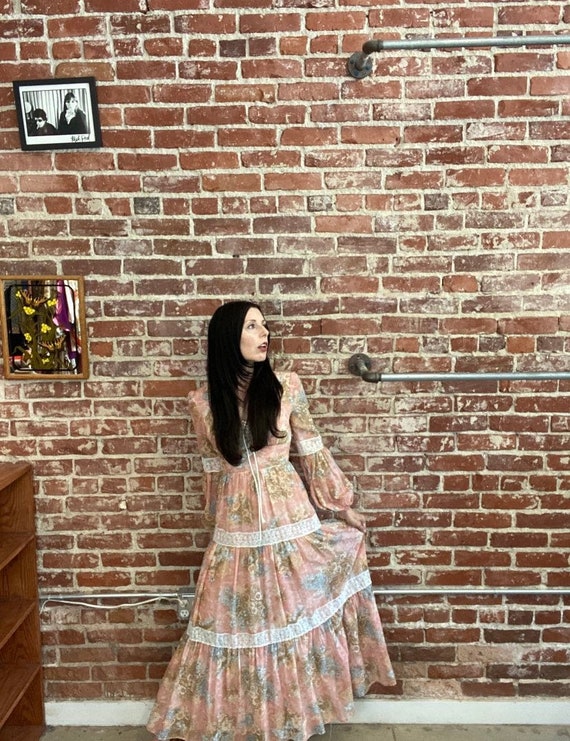 70s Corset Neckline Gauze Cotton Victorian Gown