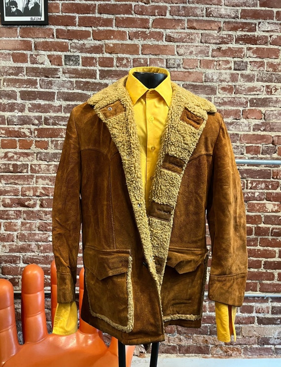 Mens 70s Caramel Suede and Shearling Sherpa Coat - image 1