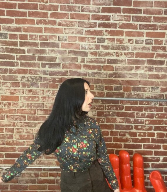 70s Dagger Collar Floral Charcoal Blouse