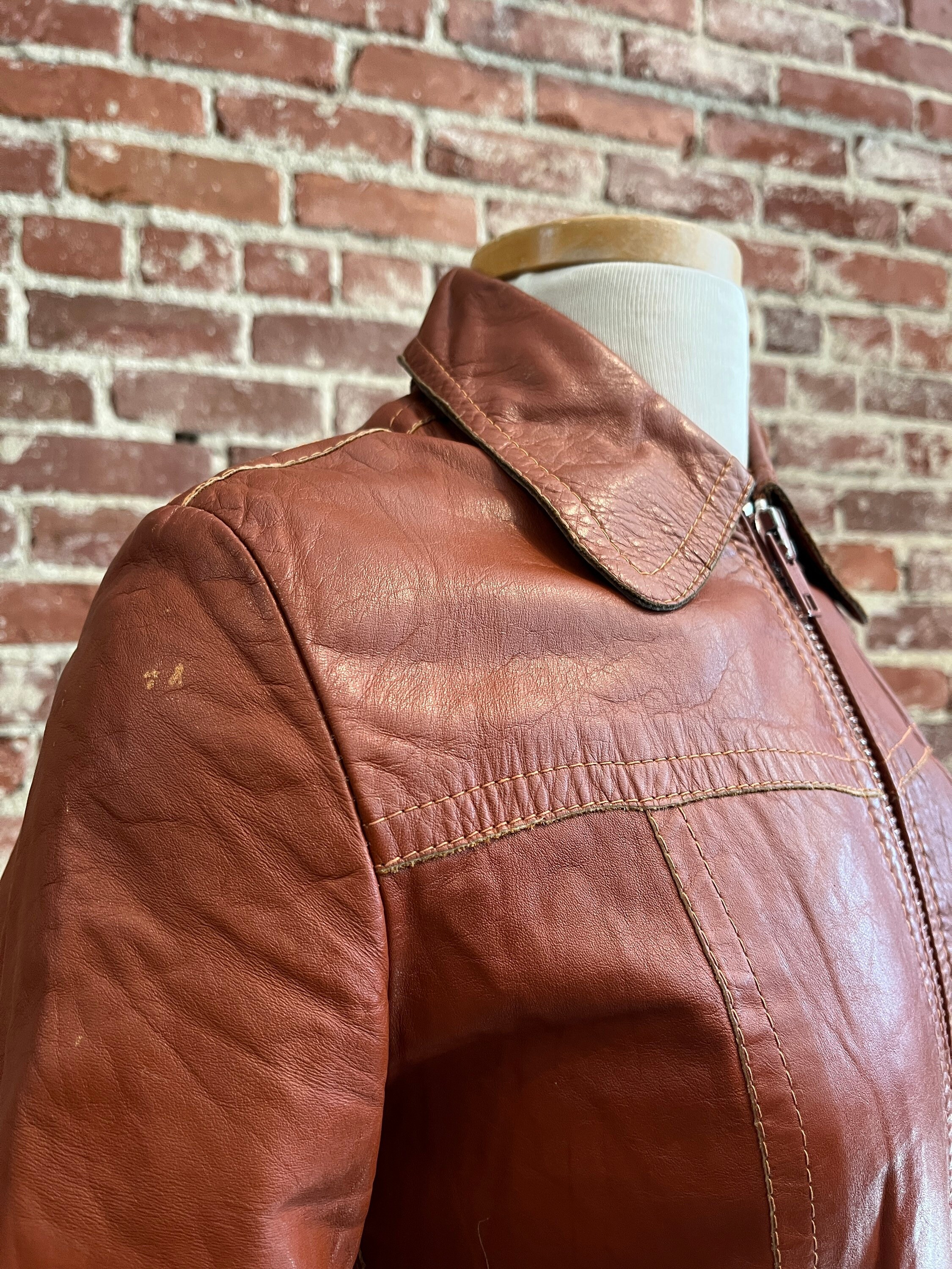 70s Rounded Collar Leather Zip up Jacket - Etsy