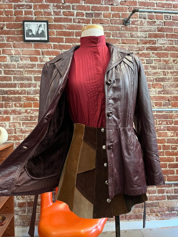 70s Oxblood Leather Belted Jacket with Removable … - image 5