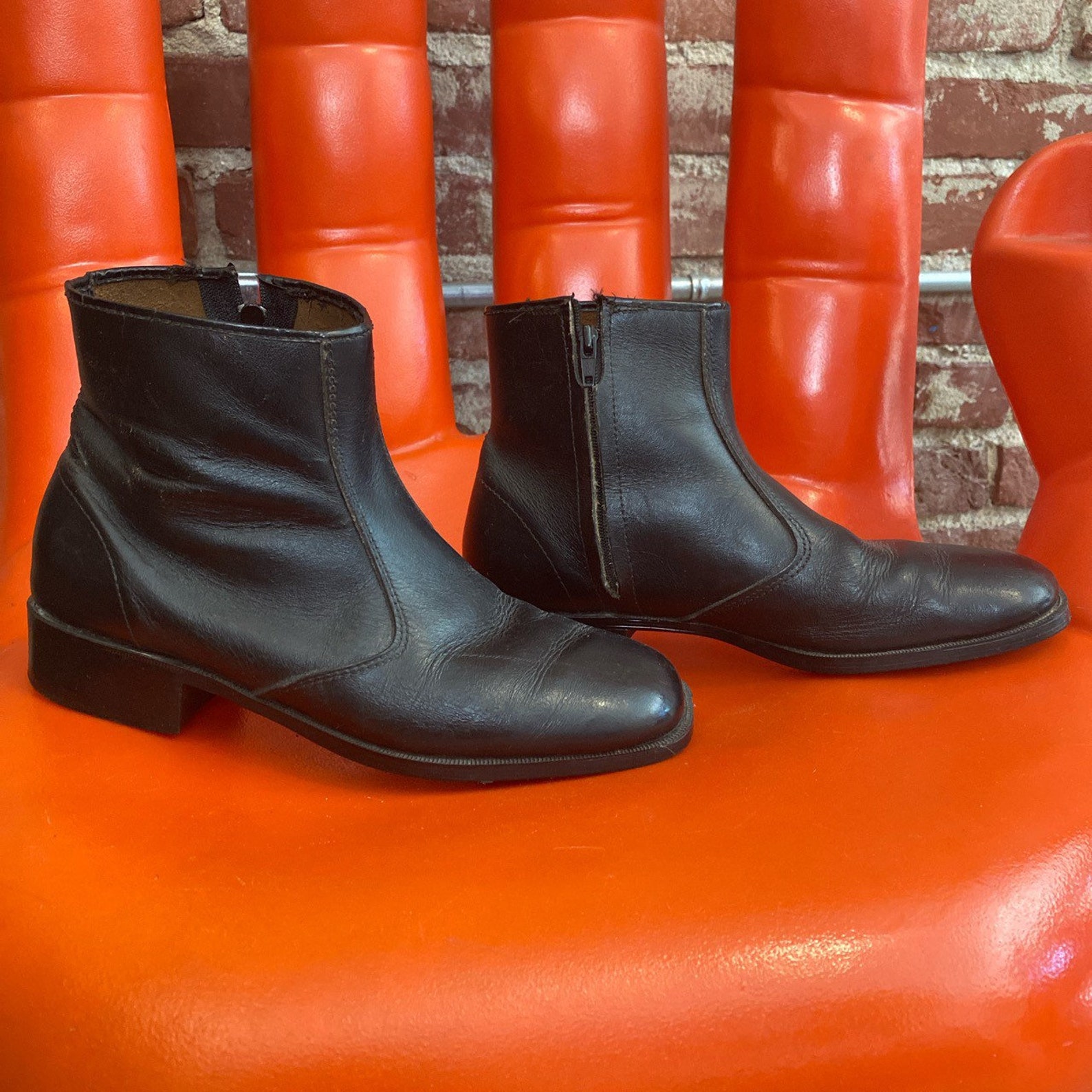 Mens 70s Black Leather Zip Up Ankle Boots Size 7.5 Etsy