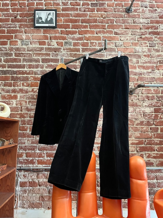 Mens 70s Black Cotton Velvet Two Piece Suit Made … - image 1