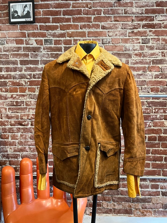 Mens 70s Caramel Suede and Shearling Sherpa Coat - image 3