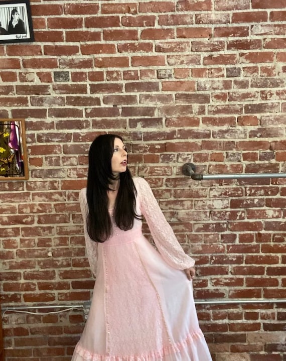 70s Victorian Pink Cotton Sheer Sleeve Gown