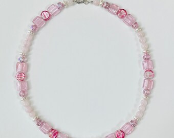 Pink Italian Murano crystal and Czechoslovakian pink crystal handmade beaded necklace.
