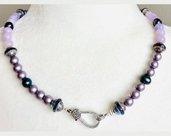 Lavender agate and Czechoslovakian crystal hand made beaded necklace with Swarovski Crystal pave clasp.