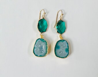Emerald green geode dangle earrings