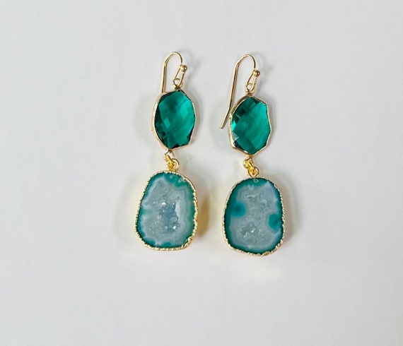 Emerald Green Geode Dangle Earrings