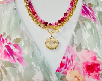 Pink magenta Agate beaded necklace
