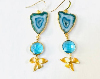 Teal Geode, Topaz and orchid leaf dangle drop earrings.