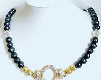 Peacock Tahitian  pearls with gold beads and a gold pave crystal pendant.