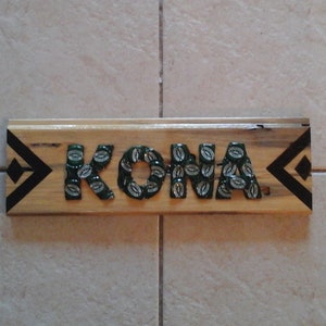 Kona Beer Bottle Cap Sign with Wood Burning on Blue Stained Pine Wood