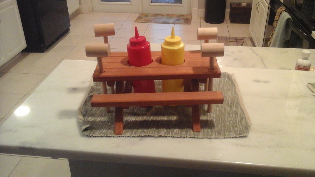 Miniature Picnic Table Centerpiece With Condiment and Crab Mallet