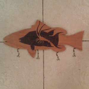 Grouper Fish Wood Burned Plaque with Treble Hook Key Hangers
