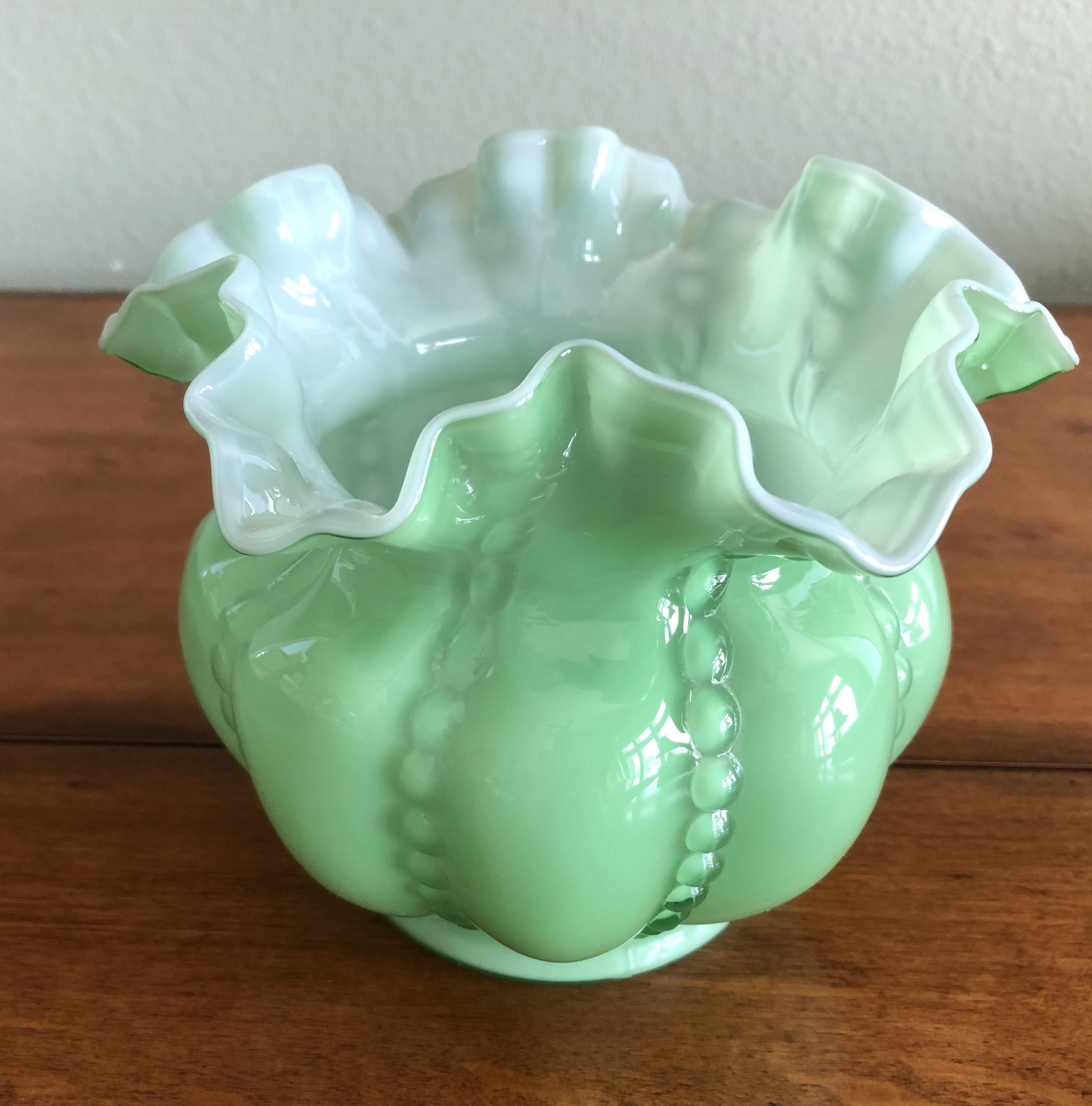 Vintage Fenton Green Milk Glass Vase With Ruffled Edge And Hobnail Detail