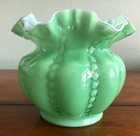 Vintage Fenton Green Milk Glass Vase With Ruffled Edge And Hobnail Detail
