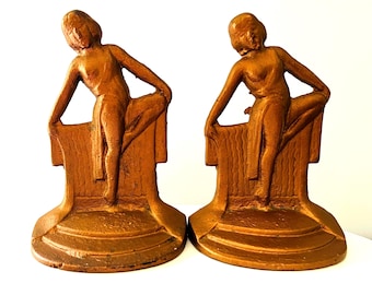 Art Nouveau Cast Iron Female Bookends, Pair
