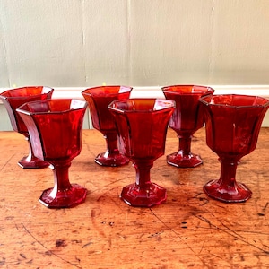 Vintage Ruby Red Octagonal Wine Goblets, Independence Glass, Set of 6