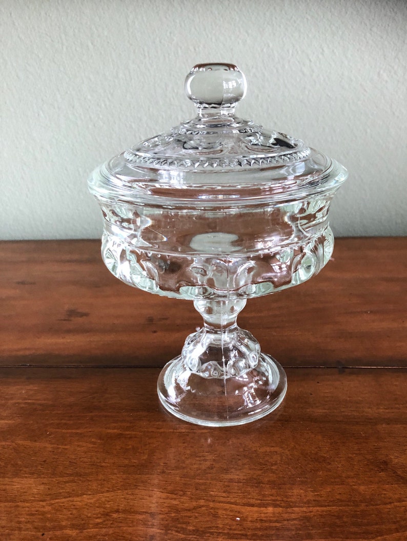 Vintage Clear Glass Pedestal Compote with Lid Indiana Glass Etsy