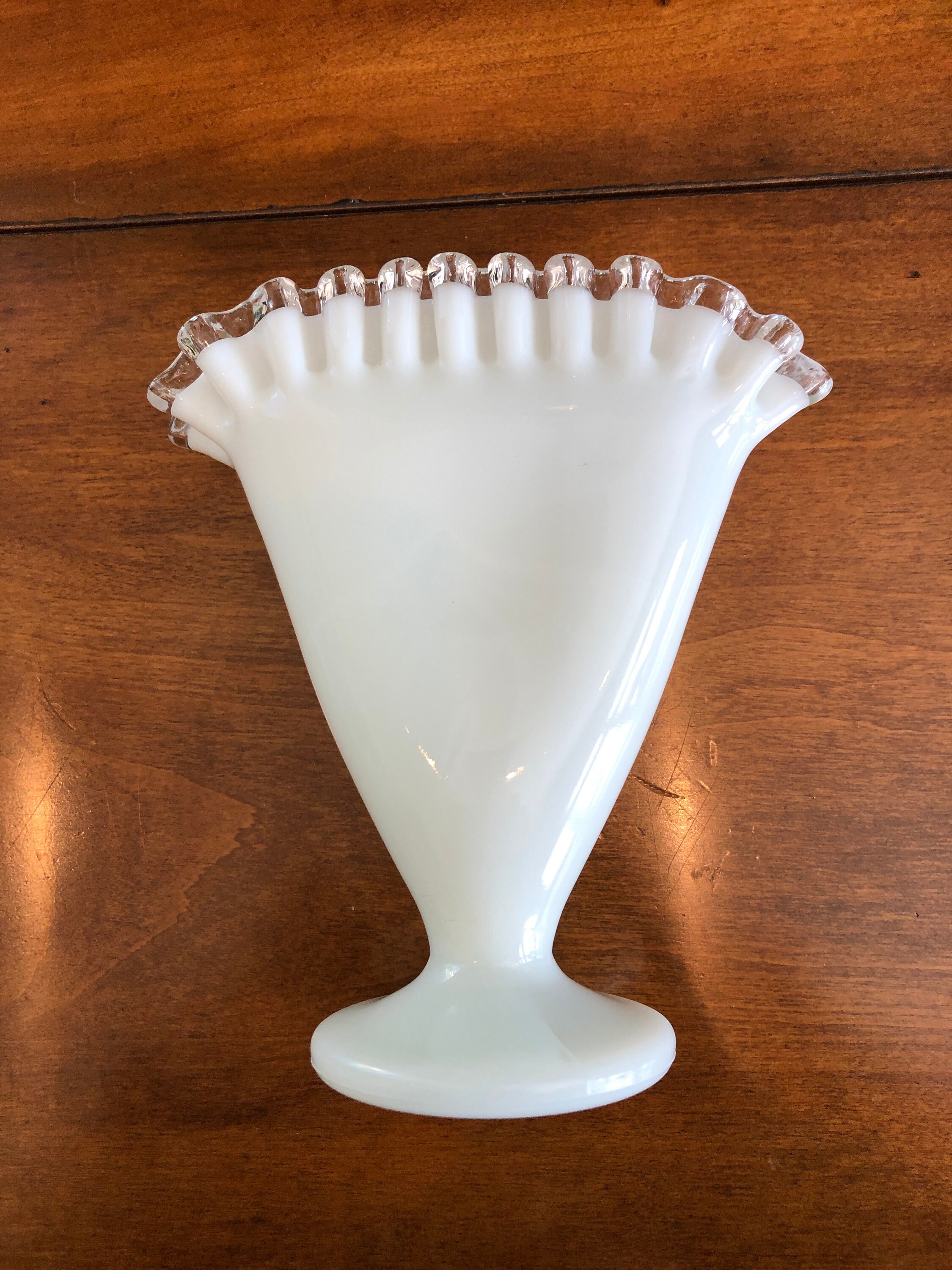 Vintage Fenton White Milk Glass and Clear Ruffled Fan Vase Etsy