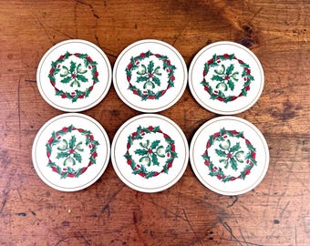 Royal Worcester “Holly Ribbons” Christmas Coasters, England,  Box of 6 Coasters