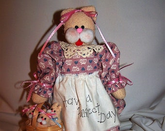 Handmade "Have a Purrfect Day" Cat with Kittens Cloth Doll on Stand