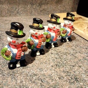 Collectible Vintage Ceramic Snowmen Napkin Rings - 1980s