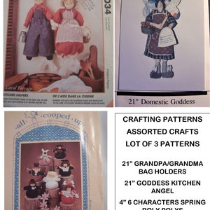 Lot of 3 Vintage Craft Patterns, Cloth Dolls, Kitchen, Home Decor, Circa 1990’s, 21&quot; Bag Holders, 21&quot; Kitchen Angel & 4&quot; Spring Roly Polys