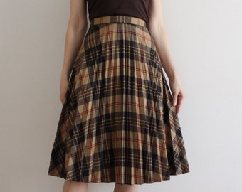 Brown Black Plaid Skirt Accordion Pleated Skirt Retro Skirt Tartan Plaid Skirt Checkered Skirt Midi Skirt High Waisted Small Size