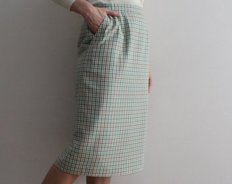 Vintage Skirt Gingham Plaid Skirt Checkered Light Green Red Skirt Midi Skirt Pencil Skirt High Waisted Skirt with Pockets Lined Large Size