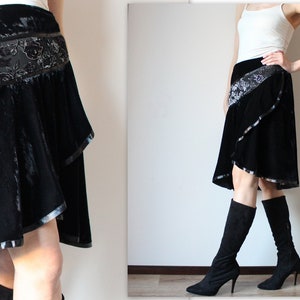 Black Velvet Skirt Y2K Asymmetrical Skirt Wrap Skirt Satin Knee Length Skirt Velvet Burnout Floral Shiny Skirt Satin Edging Skirt Stretchy