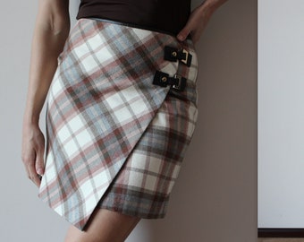 Beige Brown Plaid Skirt Women's Mini Skirt 90's Checkered Skirt Wrap Skirt Back to School Skirt Asymmetrical Hem Lined