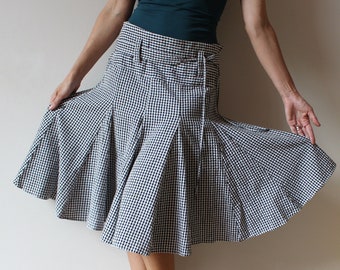 Gingham Plaid Skirt Black White Checkered Skirt Crinkled Cotton Skirt Y2K Skirt Pleated Skirt Midi Skirt Low Waist Skirt Summer Skirt