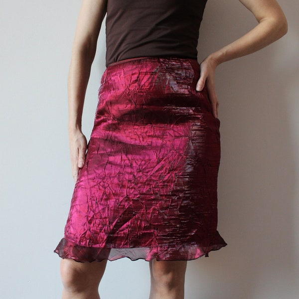 Burgundy Red Organza Skirt Y2K Skirt Crinkled Skirt Ruffled Skirt Textured Shiny Skirt Evening Skirt Knee Length Skirt High Waisted Lined