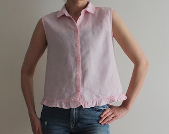 Pale Pink Blouse Women's Linen Top Loose Fit Sleeveless Top Summer Blouse Ruffled Asymmetric Hem XS Size