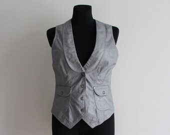 Gray Vest Shiny Silver Vest Women's Grey Vest Gray Women's Waistcoat Fitted Vest Collared Gilet for Women Collared Vest Large Size