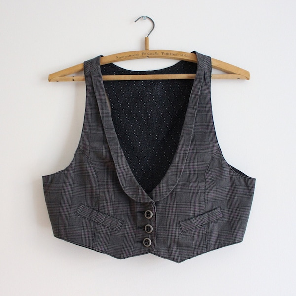 Grey Vest Women's Grey Vest Checkered Vest Women's Plaid Vest Gray Waistcoat Cropped Vest XL Size