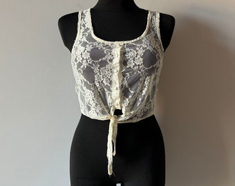 Cream White Lace Top Crop Top Knotted Top Women's Lace Blouse See Through Top Sleeveless Top Small Size